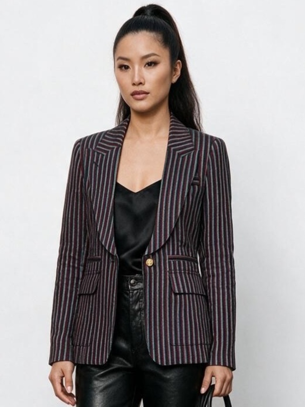 Smythe Patch Pocket Peaked Lapel Blazer Burgundy Navy Striped Linen Jacket 4